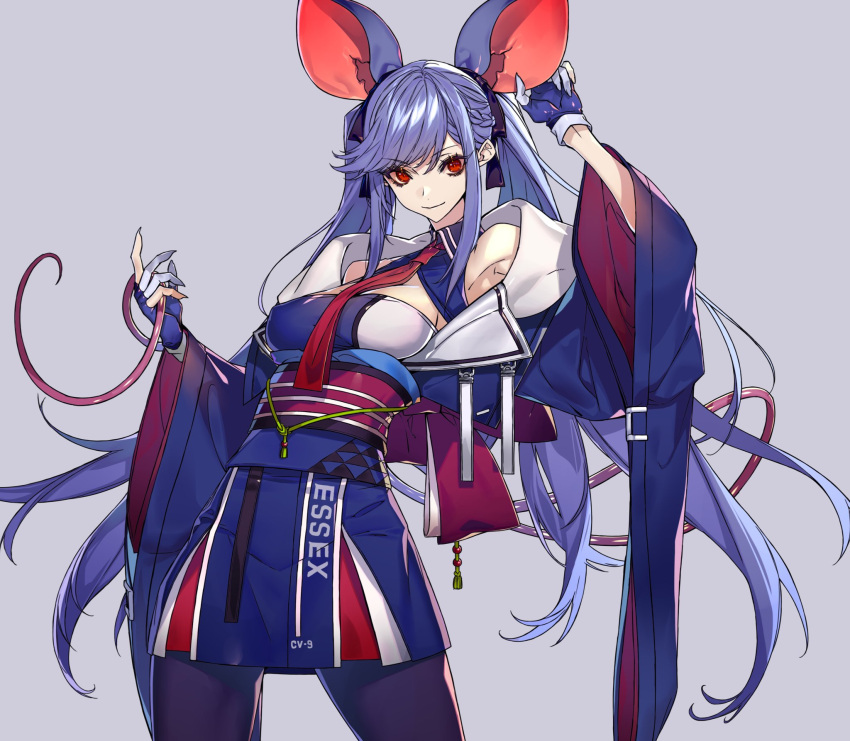 1girl adapted_costume animal_ears armpit_peek azur_lane bangs black_legwear black_ribbon blue_gloves blue_hair blue_kimono braid breasts closed_mouth clothes_writing collarbone commentary_request essex_(azur_lane) eyebrows_visible_through_hair fake_animal_ears floating_hair french_braid gloves grey_background hachizowo hair_ribbon highres japanese_clothes kimono large_breasts long_hair long_sleeves looking_at_viewer mouse_ears mouse_tail necktie obi pantyhose red_eyes red_neckwear ribbon sash side_braid sidelocks simple_background smile solo swept_bangs tail twintails very_long_hair wide_sleeves