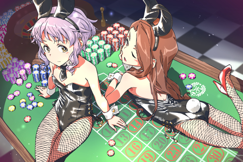 2girls animal_ears black_leotard black_neckwear brown_eyes brown_hair bunny_girl bunny_tail bunnysuit checkered checkered_floor commentary_request cowboy_shot detached_collar fishnet_legwear fishnets flat_chest guriko_(mossari) high_heels idolmaster idolmaster_million_live! idolmaster_million_live!_theater_days leotard long_hair looking_at_viewer lying makabe_mizuki minase_iori multiple_girls necktie on_stomach pantyhose poker_chip purple_hair rabbit_ears red_footwear roulette roulette_table short_hair sitting strapless strapless_leotard tail wrist_cuffs yellow_eyes