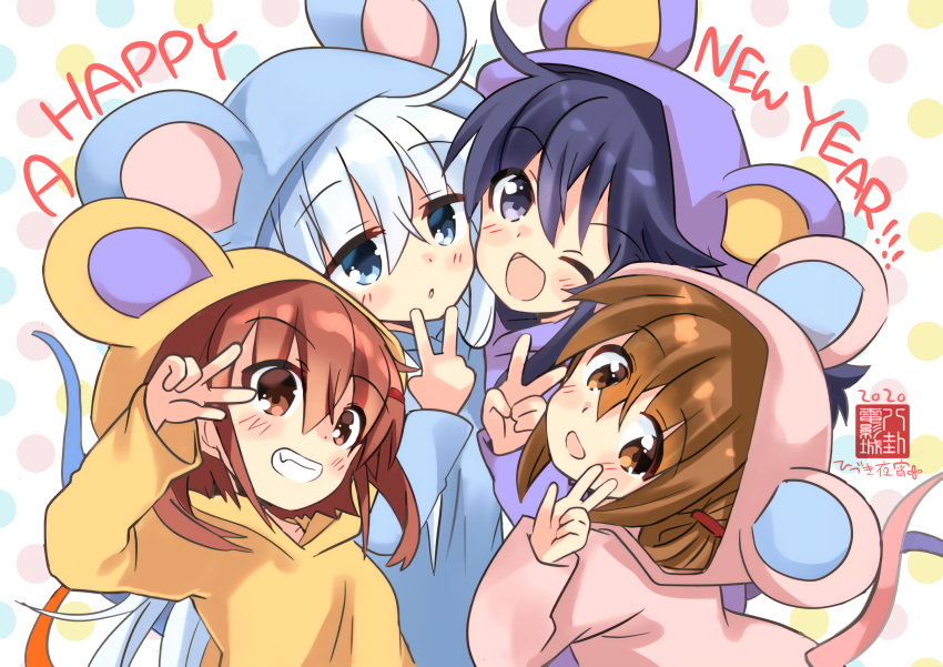 4girls :d akatsuki_(kantai_collection) animal_costume animal_ears blue_eyes blush brown_eyes brown_hair commentary_request eyebrows_visible_through_hair grin hair_between_eyes happy_new_year hibiki_(kantai_collection) highres hizuki_yayoi ikazuchi_(kantai_collection) inazuma_(kantai_collection) kantai_collection long_hair mouse_costume mouse_ears mouse_tail multiple_girls new_year one_eye_closed open_mouth purple_hair short_hair silver_hair smile tail violet_eyes