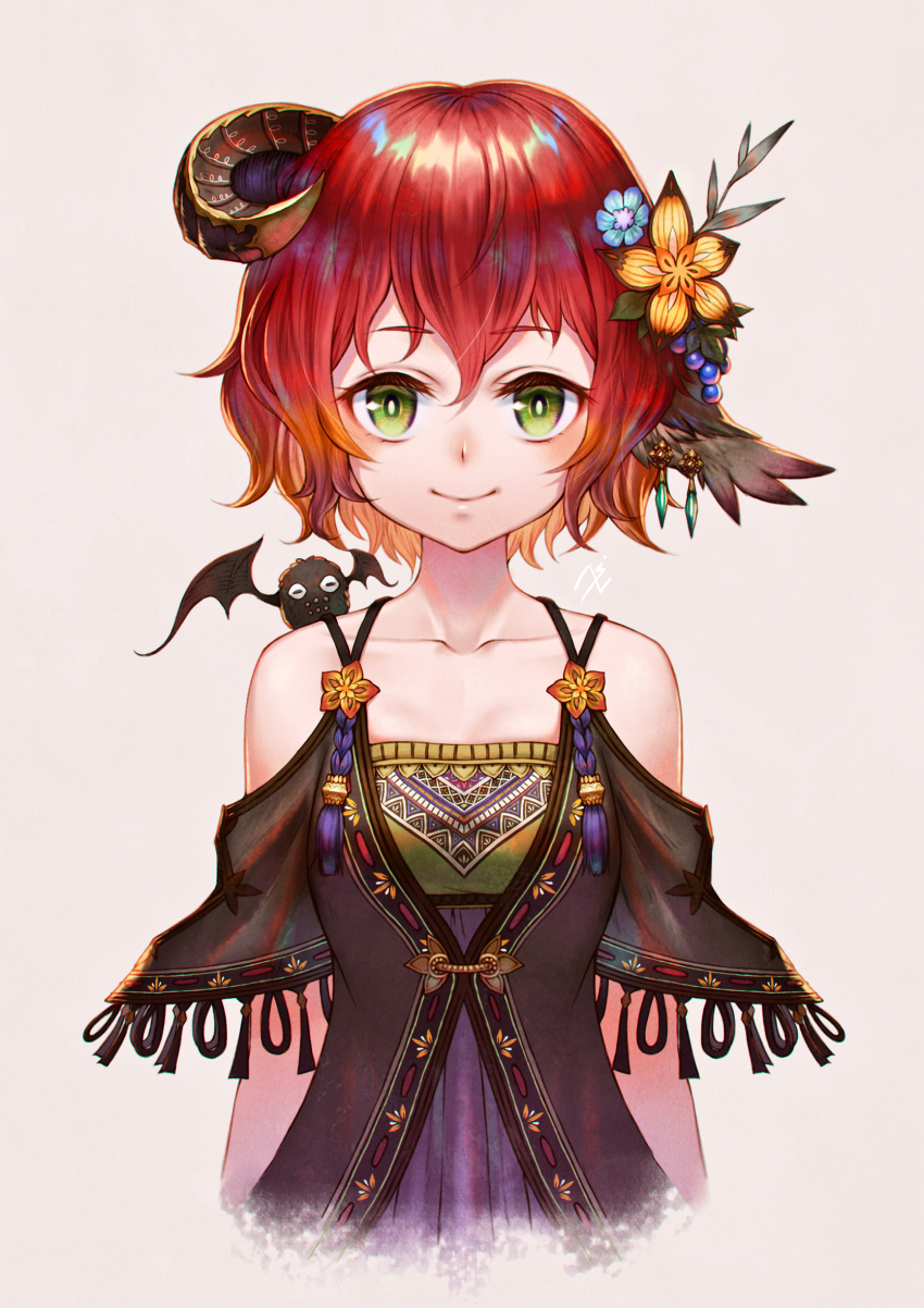 1girl animal animal_on_shoulder collarbone fantasy flower green_eyes hair_flower hair_ornament highres horn looking_at_viewer original redhead sho_(sumika) short_hair simple_background solo upper_body white_background