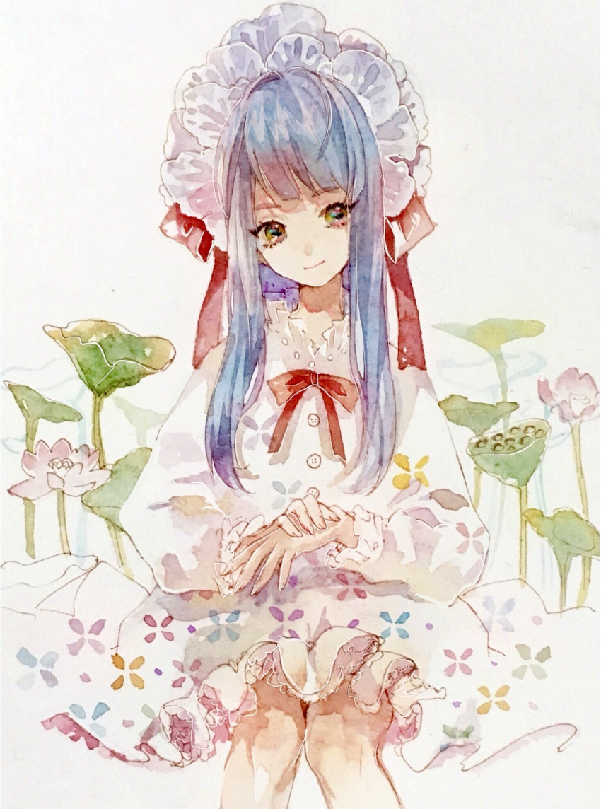 1girl bangs blue_hair blunt_bangs bow buttons dress floral_print flower grey_background head_tilt highres knees_together_feet_apart lily_pad long_hair looking_at_viewer lotus lotus_seeds maid_headdress multicolored multicolored_eyes original own_hands_together red_bow sidelocks simple_background sitting smile solo traditional_media umauma623 watercolor_(medium) white_dress