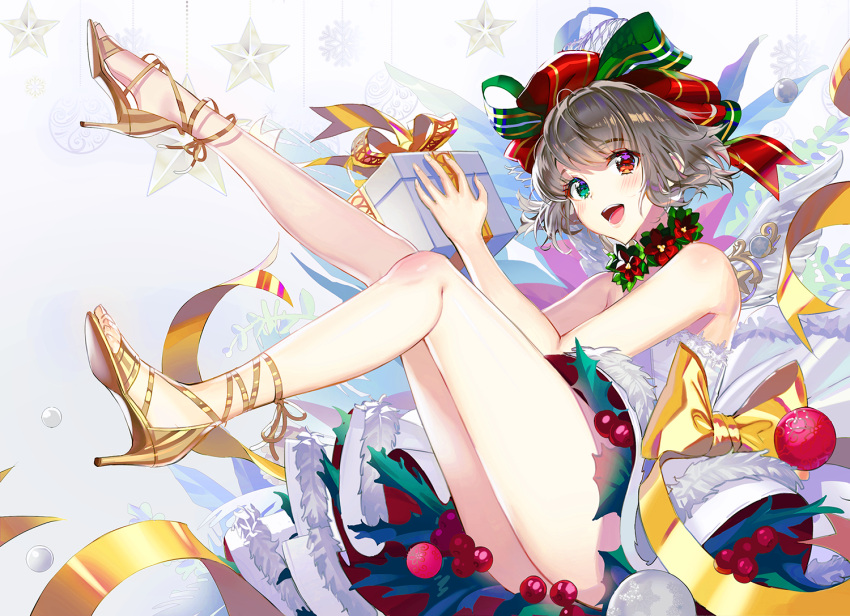 1girl :d bare_legs bauble blush bow box breasts commentary dress flower full_body fur-trimmed_dress gift gift_box gradient gradient_background green_bow green_eyes grey_background hair_bow heterochromia high_heels holding holding_gift holly honnou_(kjs9504) legs legs_up open_mouth original red_bow red_eyes red_flower ribbon silver_hair smile snowflakes solo star symbol_commentary white_dress yellow_bow yellow_footwear yellow_ribbon