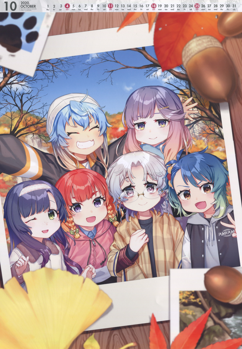 6+girls absurdres acorn akasaka_yuzu bare_tree blue_hair braid brown_eyes calendar_(medium) closed_eyes etorofu_(kantai_collection) fangs fukae_(kantai_collection) ginkgo_leaf glasses gradient_hair green_eyes grin hairband highres hirato_(kantai_collection) hood hoodie image_sample jacket kantai_collection leaf long_hair matsuwa_(kantai_collection) multicolored_hair multiple_girls official_art one_eye_closed open_mouth outstretched_arms photo_(object) purple_hair redhead rimless_eyewear sado_(kantai_collection) short_hair side_braid silver_hair smile tree tsushima_(kantai_collection) twin_braids violet_eyes yandere_sample