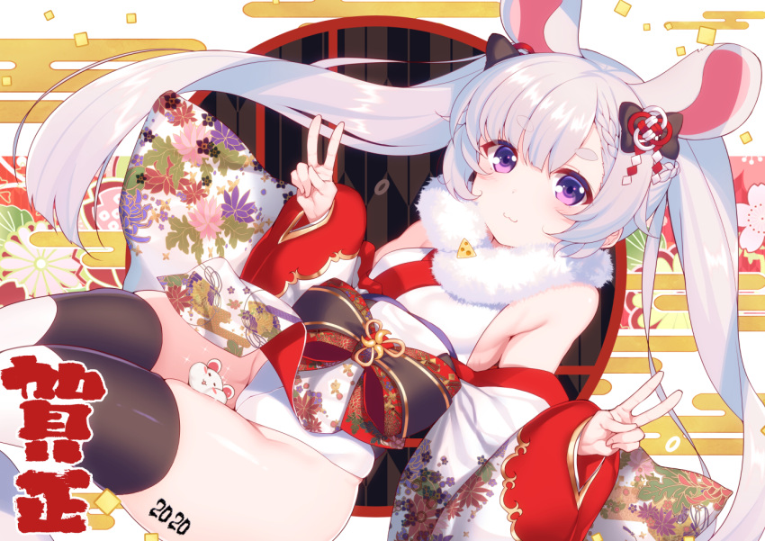 1girl 2020 :3 animal_ears bare_shoulders bodysuit commentary_request detached_sleeves double_v eyebrows_visible_through_hair fur_trim hair_ornament happy_new_year japanese_clothes long_sleeves looking_at_viewer miko mouse mouse_ears nengajou new_year obi original raiou sash sleeveless_bodysuit solo thigh-highs twintails v violet_eyes white_hair wide_sleeves