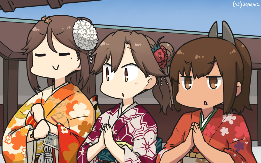 3girls alternate_hairstyle amagi_(kantai_collection) arashio_(kantai_collection) architecture asymmetrical_bangs bangs brown_eyes brown_hair clenched_hand closed_eyes commentary_request dark_skin dated east_asian_architecture eyebrows_visible_through_hair floral_print flower_request frown hair_between_eyes hair_ornament hamu_koutarou hands_clasped height_difference highres i-401_(kantai_collection) japanese_clothes kantai_collection kimono long_hair looking_away looking_to_the_side mole mole_under_eye money multiple_girls open_mouth own_hands_together parted_bangs ponytail serious short_ponytail sidelocks signature smile smug temple upper_body wide_sleeves