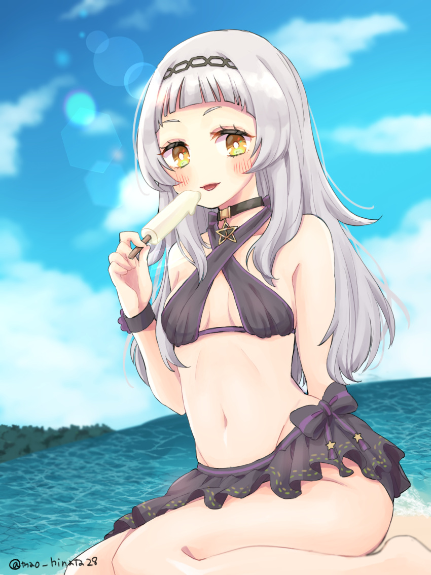 1girl bangs bare_shoulders bikini blunt_bangs blush bracelet breasts clouds food groin headband highres hololive jewelry lens_flare long_hair looking_at_viewer mao_hinata murasaki_shion navel ocean orange_eyes outdoors popsicle sitting sky small_breasts solo swimsuit virtual_youtuber white_hair