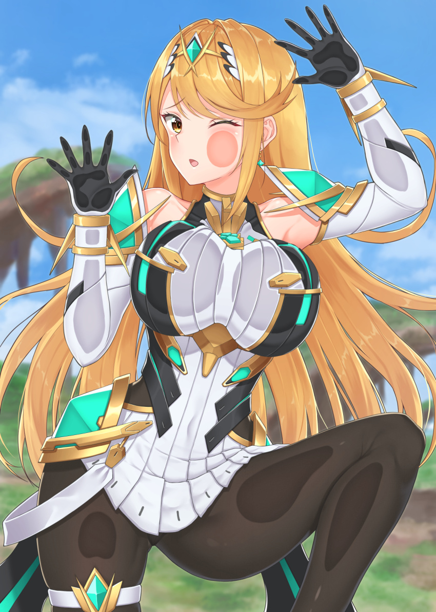 1girl against_fourth_wall against_glass bangs bare_shoulders black_legwear black_panties blonde_hair breast_press breasts breasts_on_glass cheek_press covered_navel day dress earrings elbow_gloves fourth_wall gem gloves headpiece highres mythra_(xenoblade) jewelry large_breasts long_hair looking_at_viewer open_mouth outdoors panties panties_under_pantyhose pantyhose short_dress simple_background solo sssemiii swept_bangs thigh_strap underwear very_long_hair white_dress xenoblade_(series) xenoblade_2 yellow_eyes
