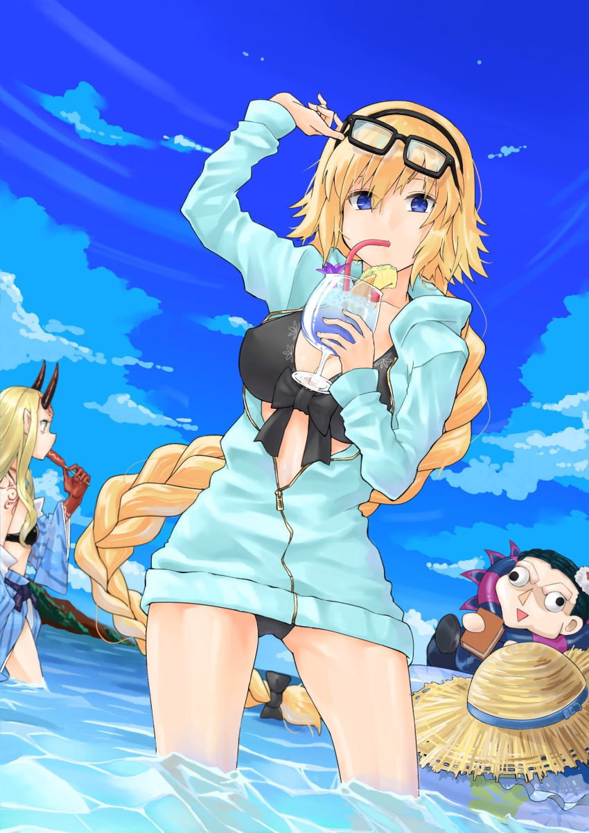 1boy 2girls aqua_jacket bikini black_bikini blonde_hair blue_eyes book braid breasts commentary_request drinking_straw eating fate/grand_order fate_(series) hat headpiece highres holding holding_book ibaraki_douji_(fate/grand_order) in_water jacket jeanne_d'arc_(fate) jeanne_d'arc_(fate)_(all) large_breasts long_hair long_sleeves looking_at_viewer multiple_girls oni_horns outdoors puchisakigake shoulder_tattoo single_braid solo solo_focus straw_hat swimsuit tattoo very_long_hair