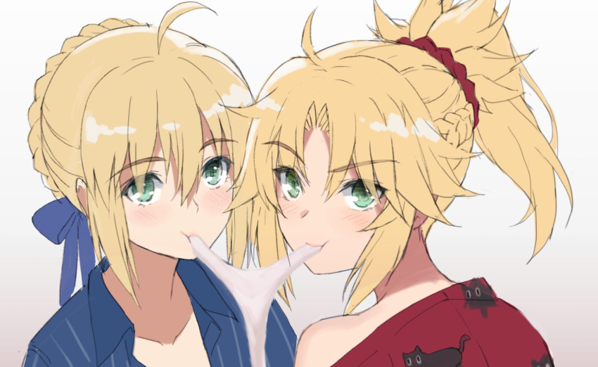 2girls ahoge animal_print artoria_pendragon_(all) bangs bare_shoulders blonde_hair blue_ribbon blue_shirt blush braid cat_print commentary_request eating eyebrows_visible_through_hair fate/grand_order fate_(series) green_eyes hair_between_eyes hair_ornament hair_scrunchie highres looking_at_viewer mordred_(fate) mordred_(fate)_(all) multiple_girls parted_bangs ponytail red_scrunchie red_shirt ribbon saber scrunchie shirt simple_background tonee white_background