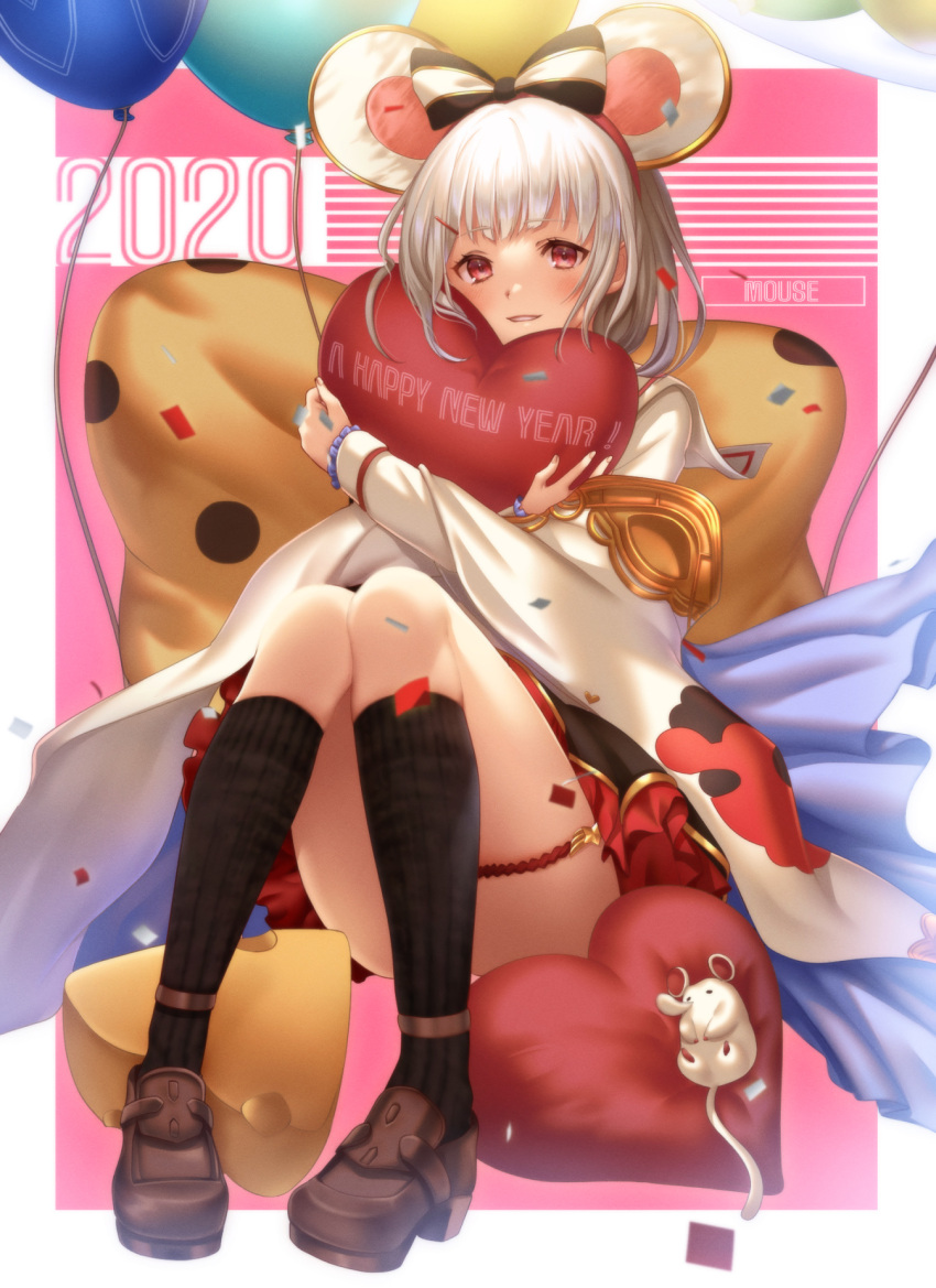 1girl 2020 animal_ears balloon blush brown_footwear cheese eyebrows_visible_through_hair food full_body granblue_fantasy hairband happy_new_year heart heart_pillow highres izuna_(i1z2n70) long_sleeves looking_at_viewer mouse new_year pillow rat_ears red_eyes shoes short_hair sitting smile socks solo vikala_(granblue_fantasy) white_hair wide_sleeves