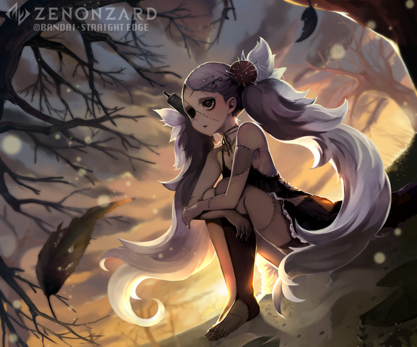 1girl bare_shoulders bare_tree barefoot black_dress black_eyes black_legwear company_name copyright_name dress eye_socket grey_hair hair_ornament highres leaf leg_hug long_hair needle official_art outdoors pincushion rinneroll safety_pin single_eye sitting stitches tree twilight twintails very_long_hair zenonzard zombie