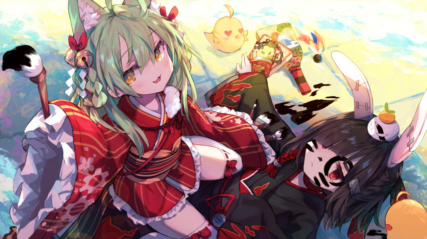 2girls :3 ahoge akashi_(akashi's_in_the_red!)_(azur_lane) akashi_(azur_lane) animal_ear_fluff animal_ears azur_lane badminton_racket bangs bell black_hair black_kimono calligraphy_brush cat_ears closed_mouth commentary_request expressionless face_painting fake_animal_ears frilled_sleeves frills green_hair hair_bell hair_ornament hair_over_one_eye ink japanese_clothes jitome kimono looking_at_viewer manjuu_(azur_lane) mole mole_under_eye multiple_girls official_art open_mouth paintbrush rabbit_ears racket red_eyes red_kimono roll_okashi shiranui_(azur_lane) short_kimono sleeves_past_fingers sleeves_past_wrists smile very_long_sleeves yellow_eyes