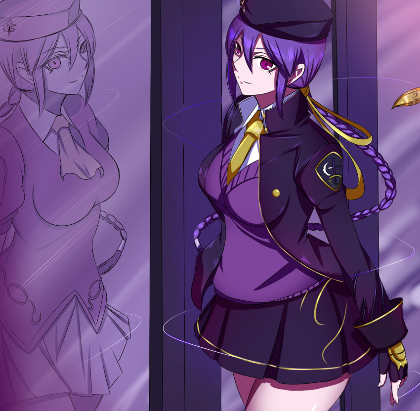 1girl alternate_costume beret bracelet braid breasts cropped_jacket eltnum fingerless_gloves gloves hat highres jewelry long_hair melty_blood miniskirt mirror necktie purple_hair reflection ribbon single_braid sion_eltnam_atlasia skirt solo sweater tsukihime under_night_in-birth user_txts7457 v-neck vampire very_long_hair violet_eyes weapon younger