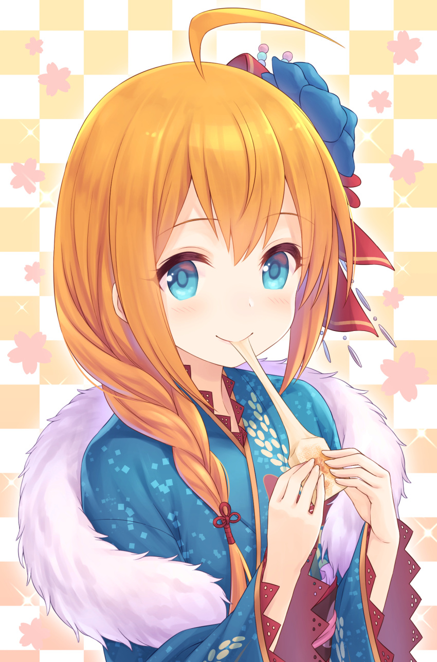1girl ahoge bangs blue_eyes blue_flower blue_kimono blush braid checkered checkered_background closed_mouth commentary_request eating eyebrows_visible_through_hair floral_background flower food hair_flower hair_ornament hair_over_shoulder hair_ribbon highres holding holding_food japanese_clothes kimono long_sleeves mochi orange_hair pecorine princess_connect! princess_connect!_re:dive red_ribbon ribbon smile solo tomo_(user_hes4085) upper_body wide_sleeves