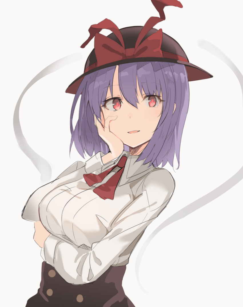 1girl bangs black_headwear black_skirt bow breast_hold breasts commentary_request eyebrows_visible_through_hair grey_background hair_between_eyes hand_on_own_cheek hand_up hat hat_bow high-waist_skirt highres long_sleeves looking_at_viewer medium_breasts nagae_iku parted_lips purple_hair red_bow red_eyes red_neckwear rin_falcon shirt short_hair simple_background skirt smile solo touhou upper_body white_shirt