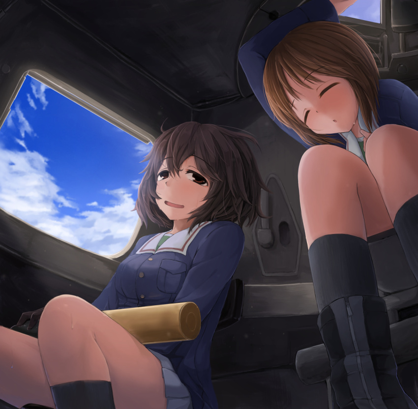 2girls akiyama_yukari bangs black_footwear black_gloves black_legwear blue_jacket blue_sky blush boots brown_eyes brown_hair closed_eyes clouds cloudy_sky commentary day eyebrows_visible_through_hair girls_und_panzer gloves green_shirt half-closed_eyes hidarikata holding jacket leaning_forward long_sleeves looking_at_viewer military military_uniform miniskirt multiple_girls nishizumi_miho ooarai_military_uniform open_mouth parted_lips pleated_skirt shirt short_hair sitting skirt sky smile socks sweat tank_interior tank_shell uniform white_skirt zipper