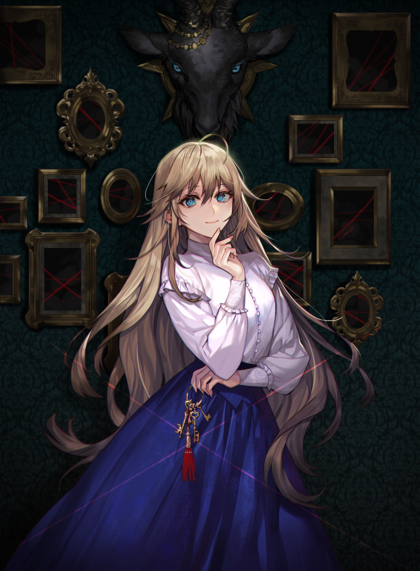 1girl absurdres ahoge blonde_hair blouse blue_eyes blue_skirt dark elran feet_out_of_frame goat hair_between_eyes hand_up highres key keyring long_hair long_skirt looking_at_viewer makeup mascara original picture_frame skirt smile solo standing tassel taxidermy very_long_hair wallpaper_(object) white_blouse