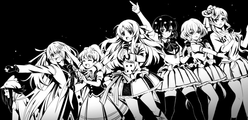 6+girls black_background black_hair chicken_costume closed_eyes closed_mouth commentary_request da_huang fingerless_gloves gloves greyscale hair_ornament high_contrast holding holding_microphone hoshikawa_lily jacket konno_junko long_hair long_sleeves medium_skirt microphone microphone_stand minamoto_sakura miniskirt mizuno_ai monochrome multiple_girls nikaidou_saki open_mouth pointing pointing_up short_hair short_sleeves simple_background skirt sleeve_cuffs smile standing star thigh-highs very_long_hair yamada_tae yuugiri_(zombie_land_saga) zombie_land_saga