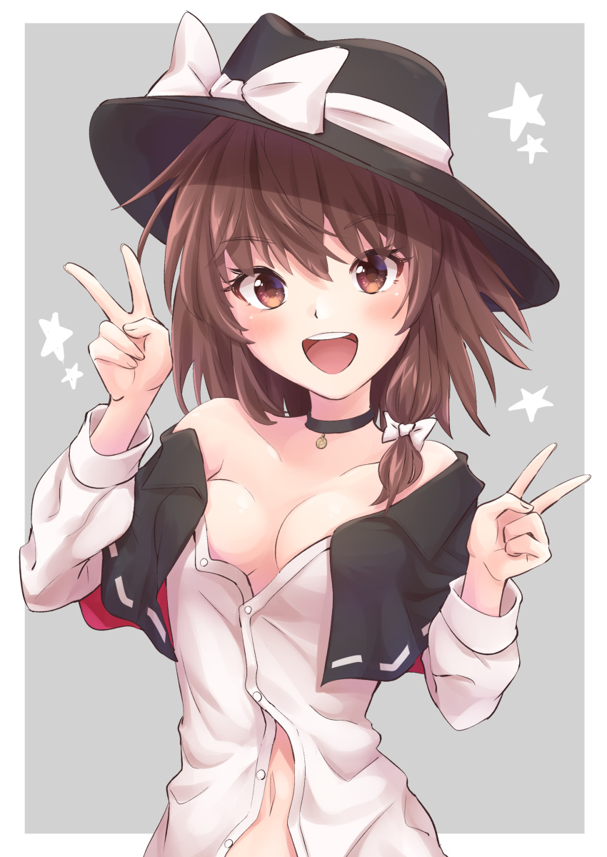 1girl :d absurdres bangs bare_shoulders black_capelet black_choker black_headwear blush border bow breasts brown_eyes brown_hair capelet choker collarbone commentary_request double_v eyebrows_visible_through_hair eyelashes grey_background hair_between_eyes hair_bow hands_up hat hat_bow highres long_sleeves looking_at_viewer navel off_shoulder open_mouth outside_border partially_unbuttoned ramie_(ramie541) revision shirt short_hair simple_background small_breasts smile solo touhou upper_body usami_renko v white_border white_bow white_shirt