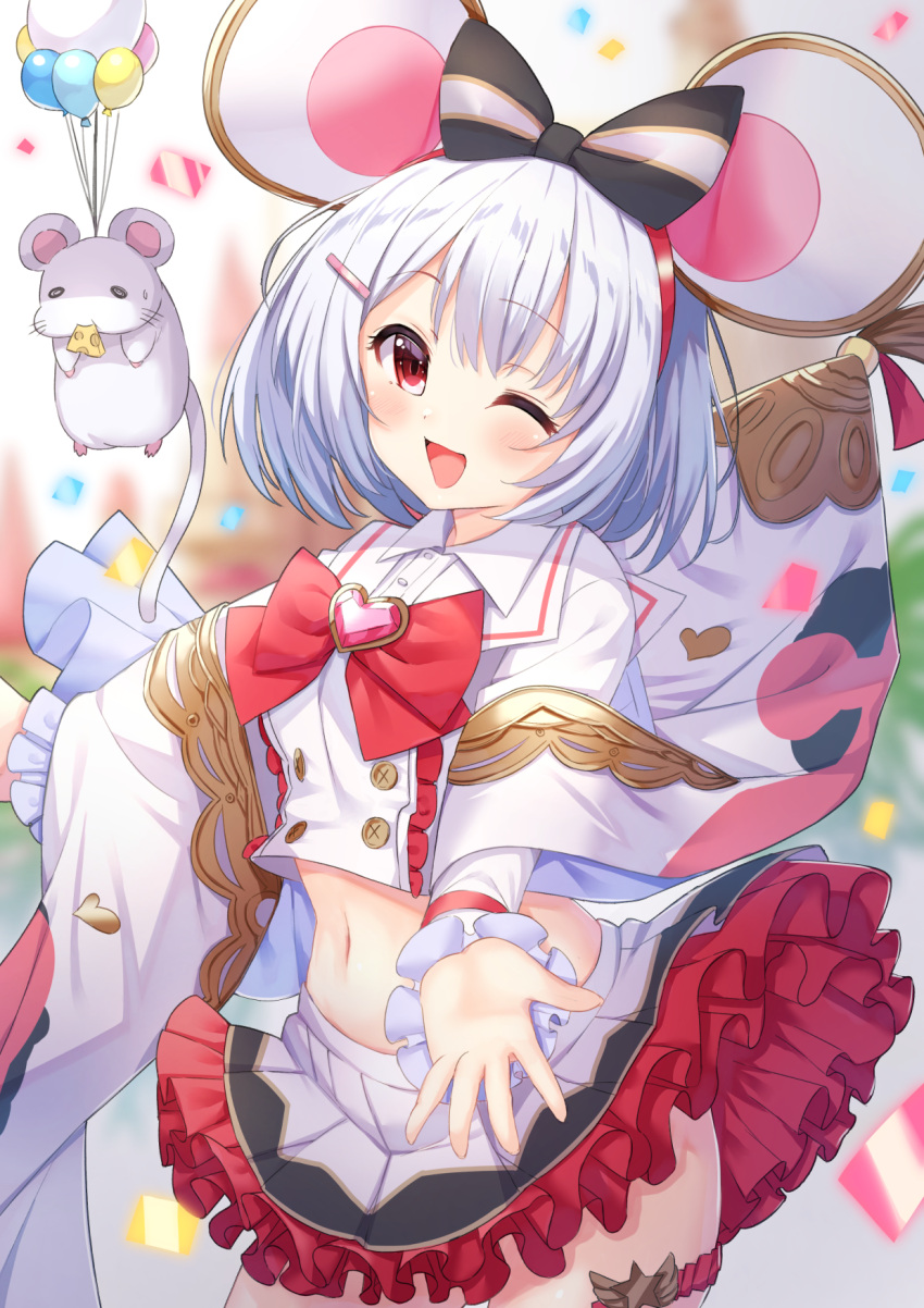 1girl ;d animal animal_ears balloon bangs blurry blurry_background bow cheese commentary_request confetti depth_of_field eyebrows_visible_through_hair food food_in_mouth frilled_skirt frills granblue_fantasy hair_bow heart highres long_sleeves midriff mouse mouse_ears navel one_eye_closed open_mouth pleated_skirt red_bow red_eyes shirt silver_hair skirt smile solo striped striped_bow tsukiman vikala_(granblue_fantasy) white_shirt white_skirt wide_sleeves