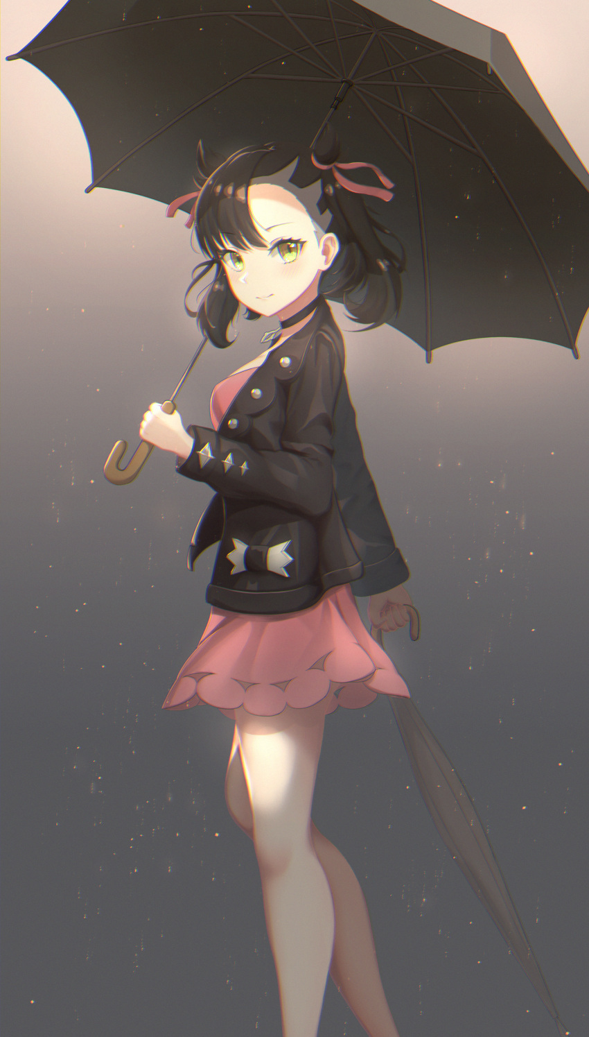 1girl absurdres aqua_eyes asymmetrical_bangs asymmetrical_hair bangs black_hair black_jacket black_umbrella blush breasts choker commentary_request dress from_side guisin_(chibi_ghost) hair_ribbon highres holding holding_umbrella jacket long_sleeves looking_at_viewer mary_(pokemon) medium_breasts medium_hair open_clothes pink_dress pokemon pokemon_(game) pokemon_swsh rain red_ribbon ribbon solo twintails umbrella