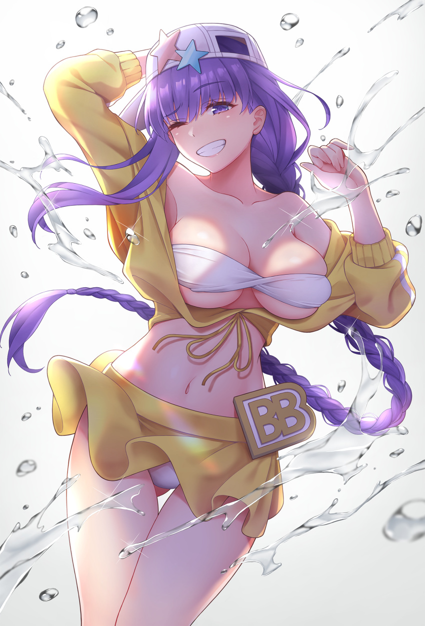 1girl bangs bare_shoulders bb_(fate)_(all) bb_(fate/extra_ccc) bb_(swimsuit_mooncancer)_(fate) breasts fate_(series) highres jacket large_breasts long_hair purple_hair sano_jinya skirt smile thighs very_long_hair violet_eyes yellow_jacket yellow_skirt