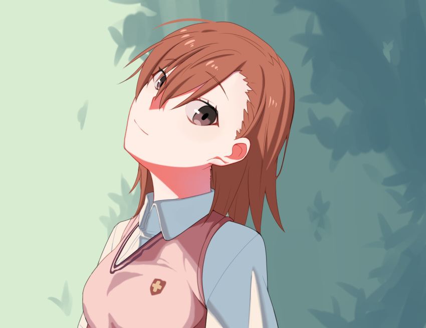 1girl brown_eyes brown_hair eyebrows_visible_through_hair head_tilt misaka_mikoto shaft_look short_hair simple_background smile tagme to_aru_kagaku_no_railgun to_aru_majutsu_no_index uniform xkxh1674