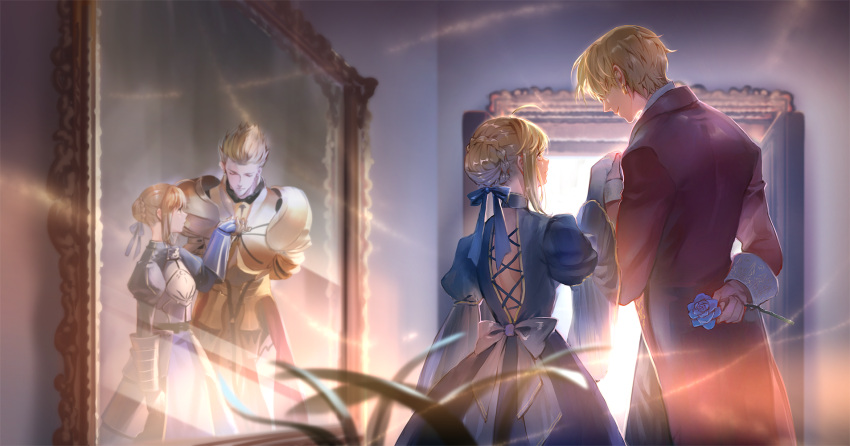 1boy 1girl adapted_costume arm_behind_back armor armored_dress artoria_pendragon_(all) back_bow bangs blonde_hair blue_dress blue_flower blue_ribbon blue_rose blurry bow braid braided_bun breastplate closed_eyes coat commentary_request cowboy_shot cross-laced_clothes depth_of_field different_reflection door dress earrings embroidery fate_(series) faulds flower from_behind gauntlets gilgamesh hair_bun hair_over_eyes hair_ribbon hair_slicked_back height_difference highres holding_hand indoors jewelry juliet_sleeves leaning_forward light long_sleeves looking_at_another lorein mirror pauldrons plant profile puffy_sleeves reflection ribbon rose saber side-by-side sidelocks smile standing wall white_bow wide_sleeves