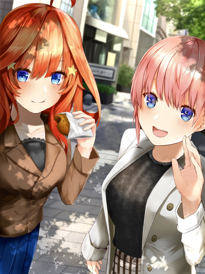 2girls :d :t ahoge bangs black_shirt blue_eyes blue_skirt blurry blurry_background blush bread breasts brown_jacket building casual collarbone commentary_request eating eyebrows_behind_hair food go-toubun_no_hanayome hair_between_eyes hair_ornament hand_up highres holding holding_food jacket large_breasts long_hair looking_at_viewer multiple_girls nakano_ichika nakano_itsuki open_clothes open_jacket open_mouth parted_hair pink_hair plaid plaid_skirt planter pleated_skirt redhead shade shiranui_(nisioisin_sinob) shirt short_hair siblings sidewalk sisters skirt smile star star_hair_ornament tree waving white_jacket window