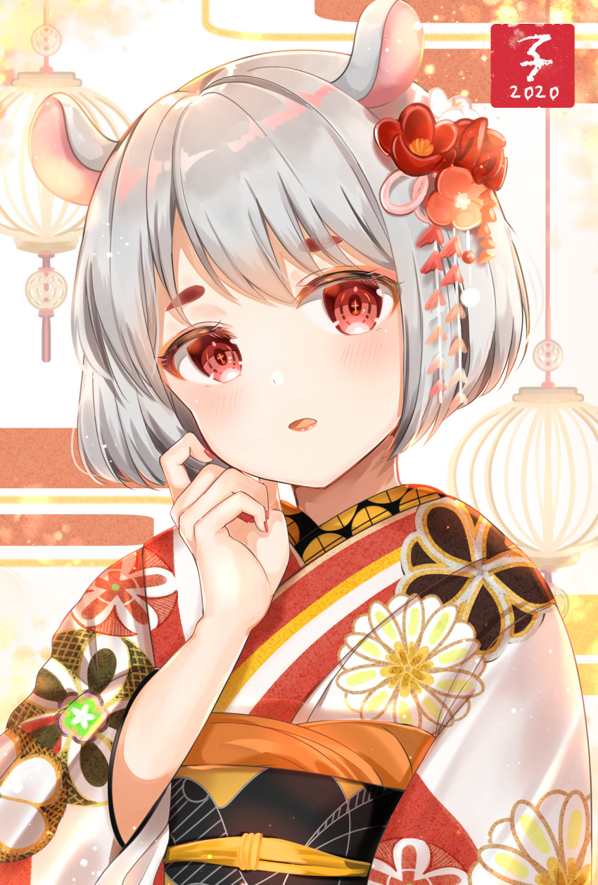 1girl 2020 animal_ears bangs chinese_zodiac commentary_request eyebrows_visible_through_hair floral_print flower hair_flower hair_ornament hand_up head_tilt highres japanese_clothes katsushika_pachi kimono lantern looking_at_viewer mouse_ears nail_polish nengajou new_year obi original parted_lips print_kimono red_eyes red_flower red_lips red_nails sash short_eyebrows short_hair solo thick_eyebrows upper_body white_kimono wide_sleeves year_of_the_rat