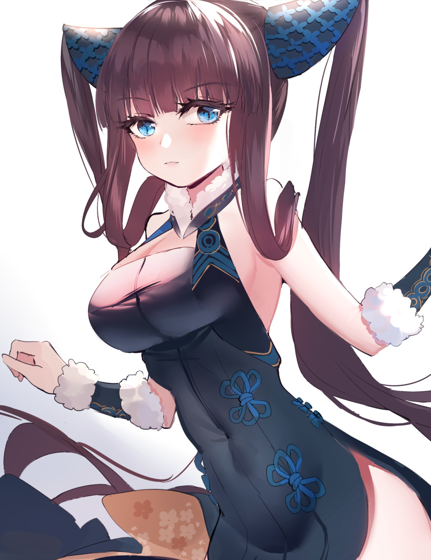 1girl absurdres bangs baocaizi bare_shoulders black_dress blue_eyes blunt_bangs blush breasts china_dress chinese_clothes commentary_request detached_sleeves dress eyebrows_visible_through_hair fate/grand_order fate_(series) hair_ornament highres large_breasts long_hair looking_at_viewer purple_hair sidelocks simple_background smile solo thighs twintails very_long_hair white_background yang_guifei_(fate/grand_order)