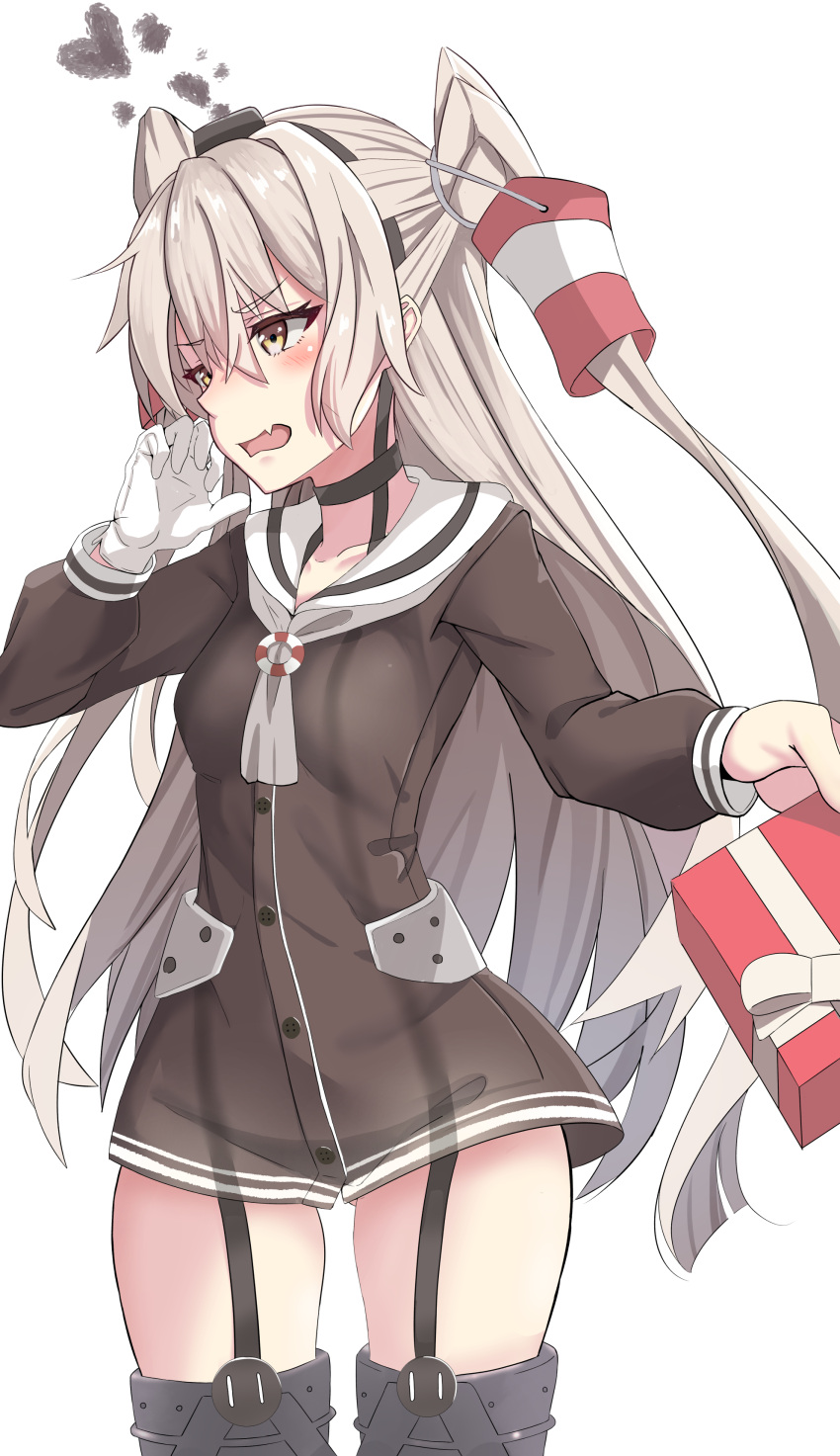 1girl absurdres amatsukaze_(kantai_collection) black_choker blush box brown_dress choker collarbone dress embarrassed eyebrows_visible_through_hair fang garter_straps gift gift_box gloves hair_between_eyes hair_ornament hair_tubes highres kantai_collection long_hair long_sleeves open_mouth sailor_collar sailor_dress shinta_(the-mattyaman) single_glove smokestack_hair_ornament solo thigh-highs thighs two_side_up white_gloves white_sailor_collar windsock yellow_eyes