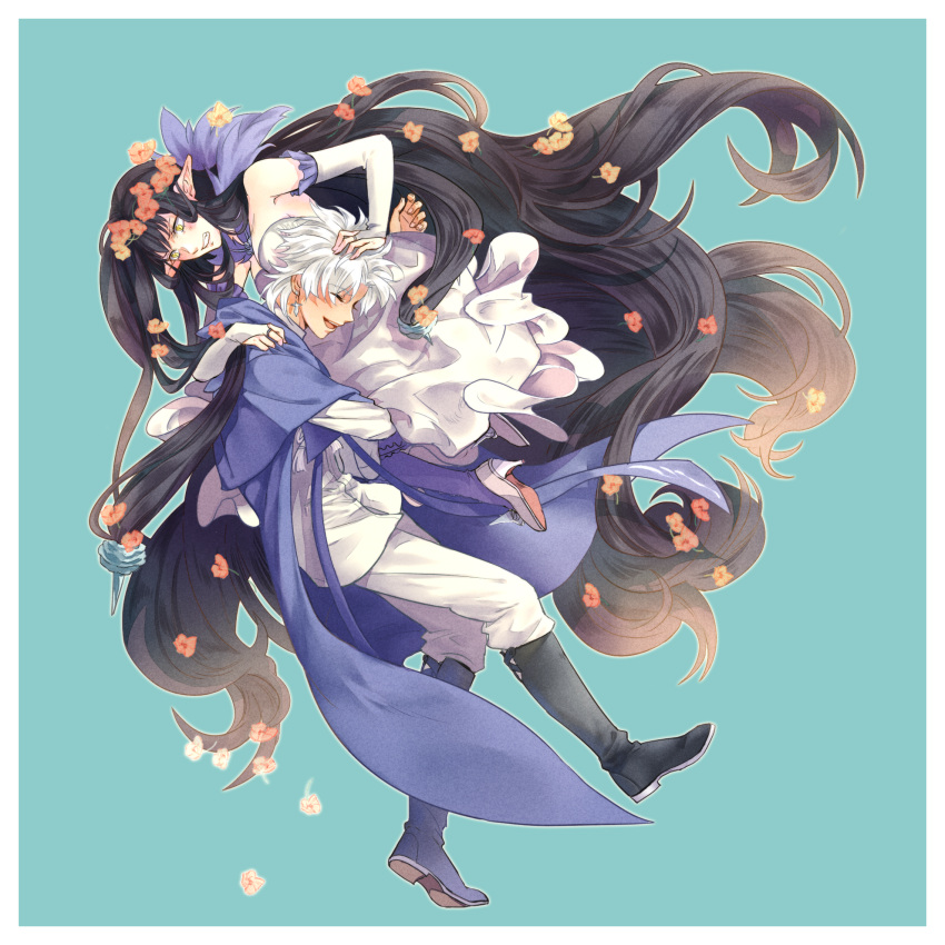 1boy 1girl alternate_costume amakusa_shirou_(fate) aqua_background black_hair boots capelet dark_skin dark_skinned_male dress elbow_gloves fate/apocrypha fate_(series) flower fmc_(f3m5) gloves hair_flower hair_ornament highres holding_person long_hair palette_swap petals pointy_ears semiramis_(fate) simple_background very_long_hair white_dress white_hair