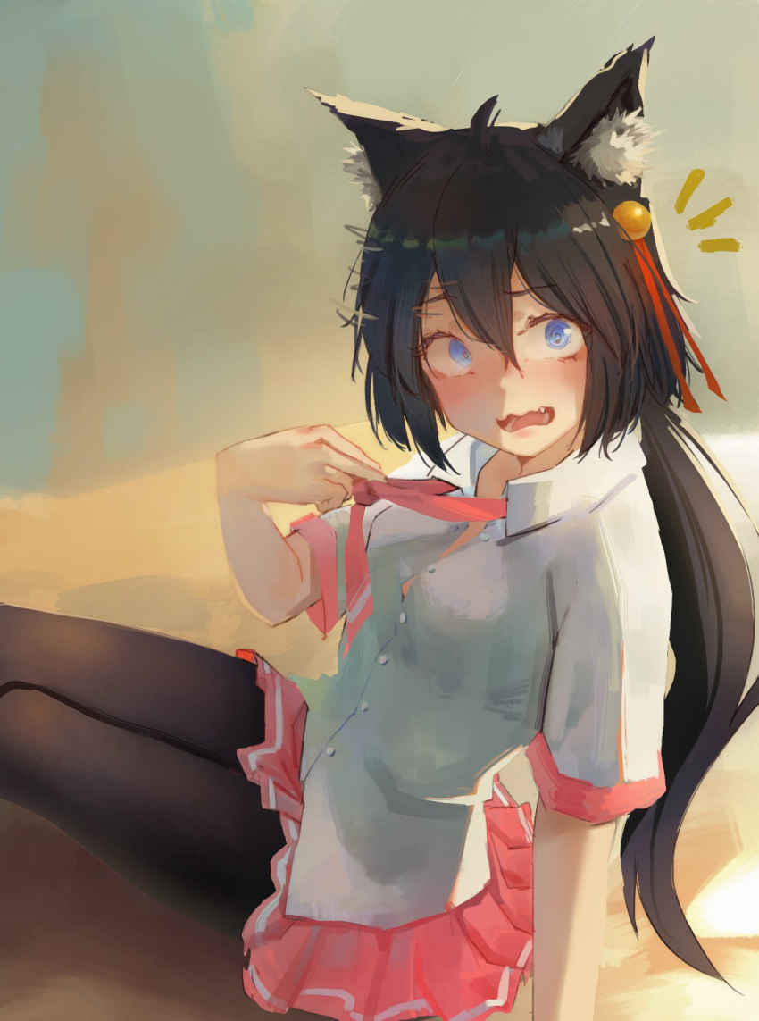 1girl animal_ear_fluff animal_ears bangs black_hair black_legwear blue_eyes blush borrowed_character fang hair_between_eyes highres long_hair looking_at_viewer looking_back noccu open_mouth original pantyhose pleated_skirt ponytail school_uniform serafuku skirt solo surprised