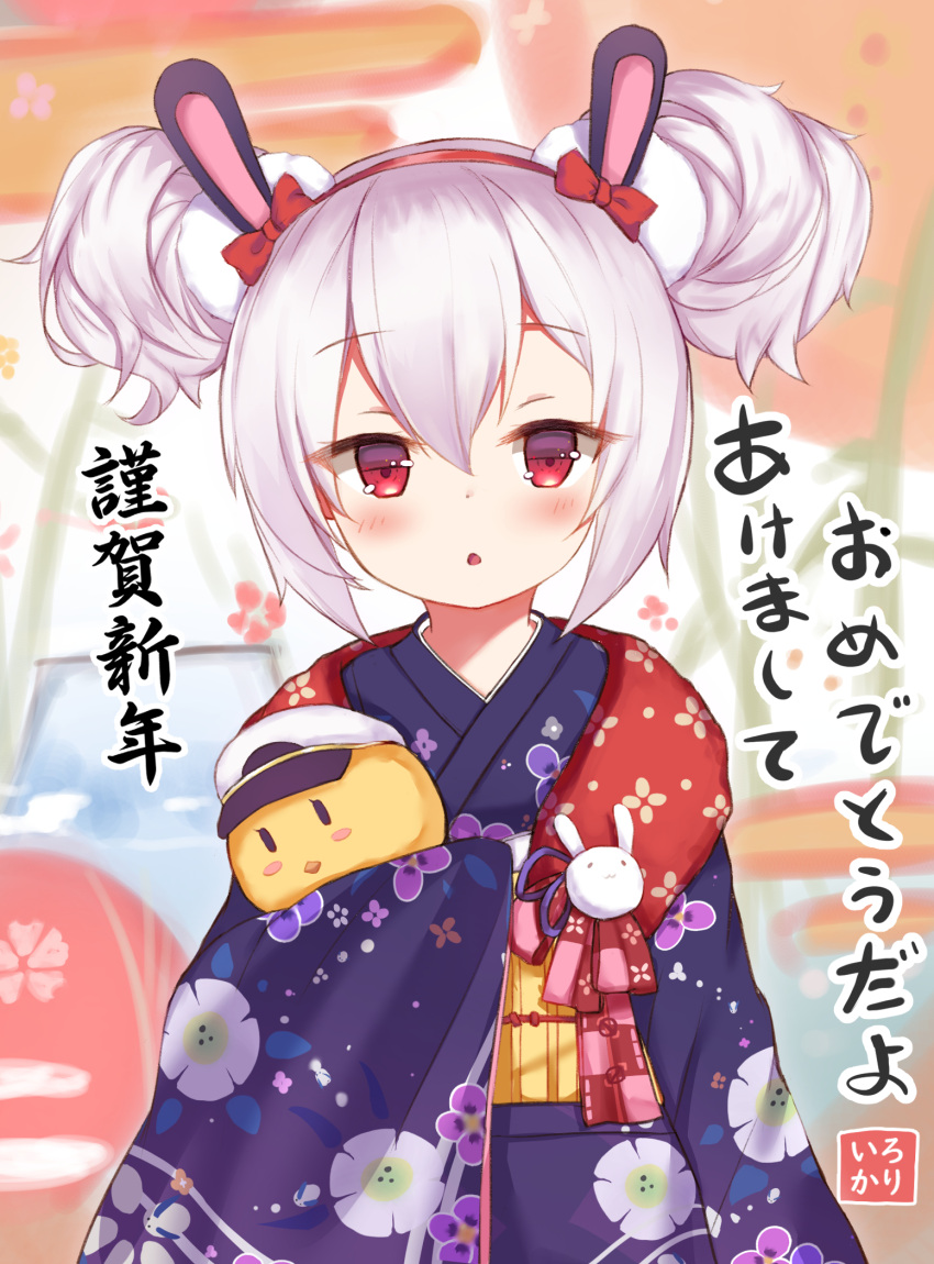 1girl animal_ears azur_lane bangs blue_kimono blush_stickers bow character_doll chestnut_mouth commentary_request doll double_bun eyebrows_visible_through_hair fake_animal_ears floral_print hair_between_eyes hairband hat highres holding holding_doll irokari japanese_clothes kimono laffey_(azur_lane) laffey_(snow_rabbit_and_candied_apple)_(azur_lane) long_sleeves looking_at_viewer manjuu_(azur_lane) new_year obi open_mouth peaked_cap print_kimono rabbit_ears red_bow red_eyes red_hairband sash sidelocks solo_focus translation_request upper_body white_hair wide_sleeves yukata