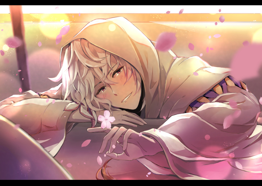 1boy blush cherry_blossoms fate/grand_order fate_(series) highres hood hood_up looking_at_viewer merlin_(fate) petals pink_eyes pov sei_(abab40116) smile solo wavy_hair white_hair wide_sleeves