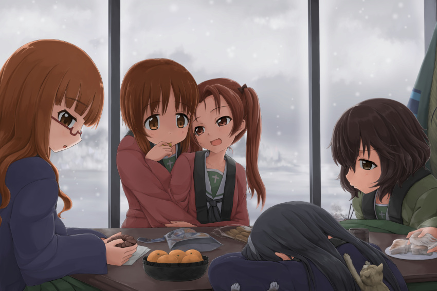 5girls akiyama_yukari bangs black_hair black_neckwear blue_jacket blunt_bangs blurry blurry_background brown_eyes brown_hair cat chips commentary day depth_of_field eating eyebrows_visible_through_hair fang feeding food frown fruit girls_und_panzer glasses hairband hanten_(clothes) hidarikata highres holding holding_food indoors jacket kadotani_anzu kotatsu long_hair long_sleeves looking_at_another messy_hair multiple_girls neckerchief nishizumi_miho ooarai_school_uniform open_mouth orange orange_eyes orange_hair pink_jacket plate potato_chips reizei_mako sandwich school_uniform semi-rimless_eyewear serafuku short_hair sitting skin_fang sleeping smile snout snowing table takebe_saori under-rim_eyewear white_hairband window