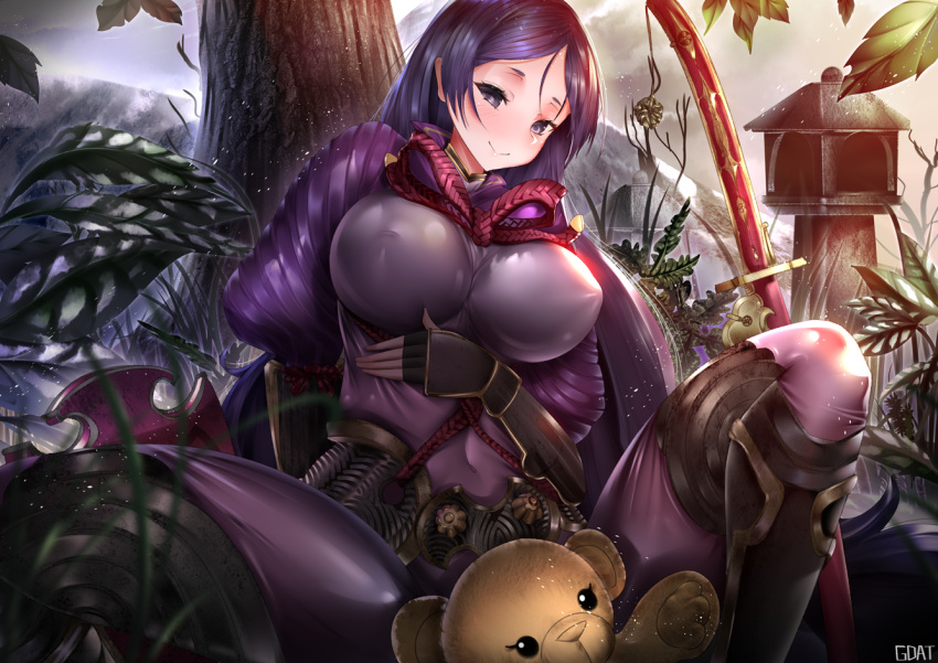 1girl arm_guards armor bangs black_gloves bodysuit breasts fate/grand_order fate_(series) fingerless_gloves gdat gloves japanese_armor kote large_breasts loincloth long_hair low-tied_long_hair minamoto_no_raikou_(fate/grand_order) outdoors parted_bangs purple_bodysuit purple_hair ribbed_sleeves rope sitting smile solo suneate tabard tree very_long_hair violet_eyes