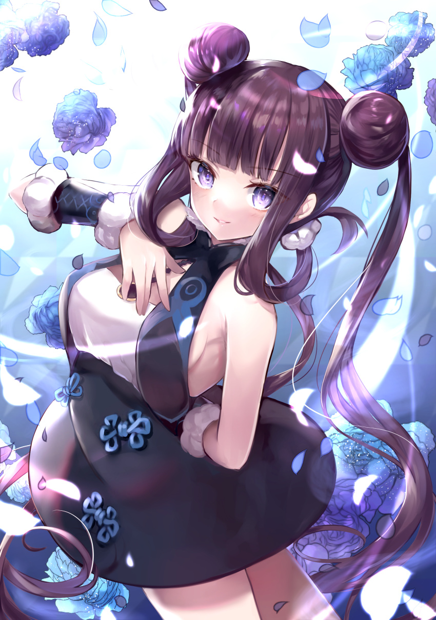 1girl absurdres bangs bare_shoulders black_dress blue_background blue_eyes blue_flower blunt_bangs blush breasts detached_sleeves double_bun dress fate/grand_order fate_(series) flower gradient gradient_background hair_ornament hand_on_own_chest hane_yuki highres long_hair looking_at_viewer medium_breasts parted_lips petals purple_hair sidelocks smile solo twintails very_long_hair yang_guifei_(fate/grand_order)