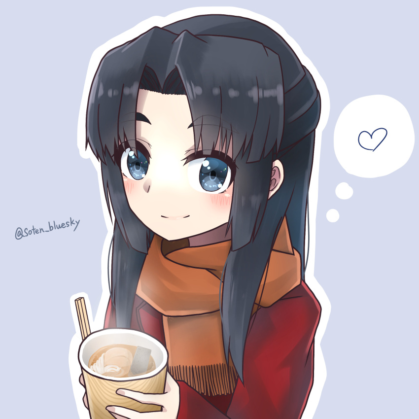 1girl asakura_ryouko blue_eyes blue_hair brown_scarf chopsticks coat cup food heart highres holding holding_chopsticks holding_cup looking_at_viewer oden red_coat scarf simple_background smile soten_bluesky suzumiya_haruhi_no_yuuutsu tagme thought_bubble twitter_username watermark winter_clothes winter_coat