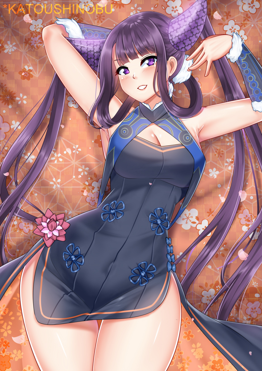 1girl absurdres armpits bangs bare_thighs black_dress blue_fire blunt_bangs china_dress chinese_clothes double_bun dress fate/grand_order fate_(series) fire flute highres instrument katou_shinobu lying purple_hair short_dress sidelocks smile solo thighs twintails violet_eyes yang_guifei_(fate/grand_order)