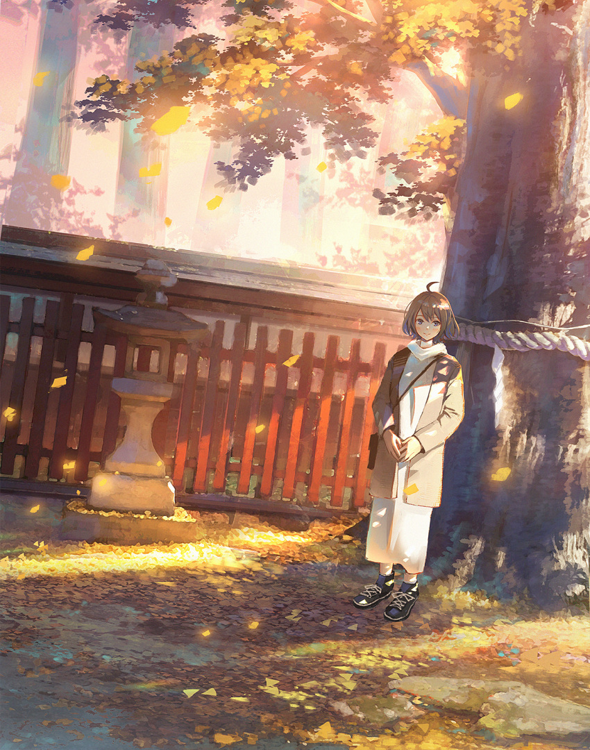 1girl ahoge autumn autumn_leaves bag black_footwear blue_eyes blush brown_coat brown_hair building closed_mouth coat dress falling_leaves fence full_body highres leaf long_sleeves looking_at_viewer open_clothes open_coat original own_hands_together rope sho_(shoichi-kokubun) shoes shoulder_bag smile sneakers solo standing stone_lantern tree white_dress
