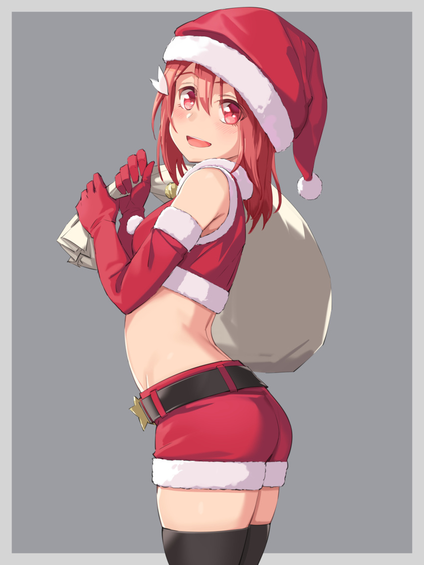 1girl absurdres ass bare_shoulders bell black_legwear blush breasts christmas elbow_gloves gloves grey_background groin hair_ornament hairclip hat highres looking_at_viewer looking_to_the_side michairu midriff open_mouth red_eyes red_gloves red_shorts redhead sack santa_costume santa_hat short_hair shorts simple_background small_breasts smile solo standing teeth thigh-highs upper_body upper_teeth yuuki_yuuna yuuki_yuuna_wa_yuusha_de_aru yuusha_de_aru