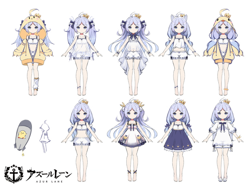 1girl ahoge animal_ears azur_lane bangs blue_eyes blush bow character_sheet concept_art copyright_name crown dress flat_chest hair_ornament hood jacket jupiter_(azur_lane) long_hair long_sleeves looking_at_viewer manjuu_(azur_lane) mini_crown multiple_views parted_bangs pom_pom_(clothes) purple_hair shorts standing tilted_headwear torpedo twintails two_side_up vilor watermark white_dress white_legwear yellow_jacket zipper