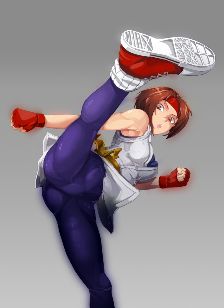 1girl ass breasts brown_eyes brown_hair commentary_request fingerless_gloves ghgnvm gloves headband high_kick highres kicking legs looking_at_viewer ryuuko_no_ken shoes short_hair simple_background sneakers socks solo spandex the_king_of_fighters yuri_sakazaki