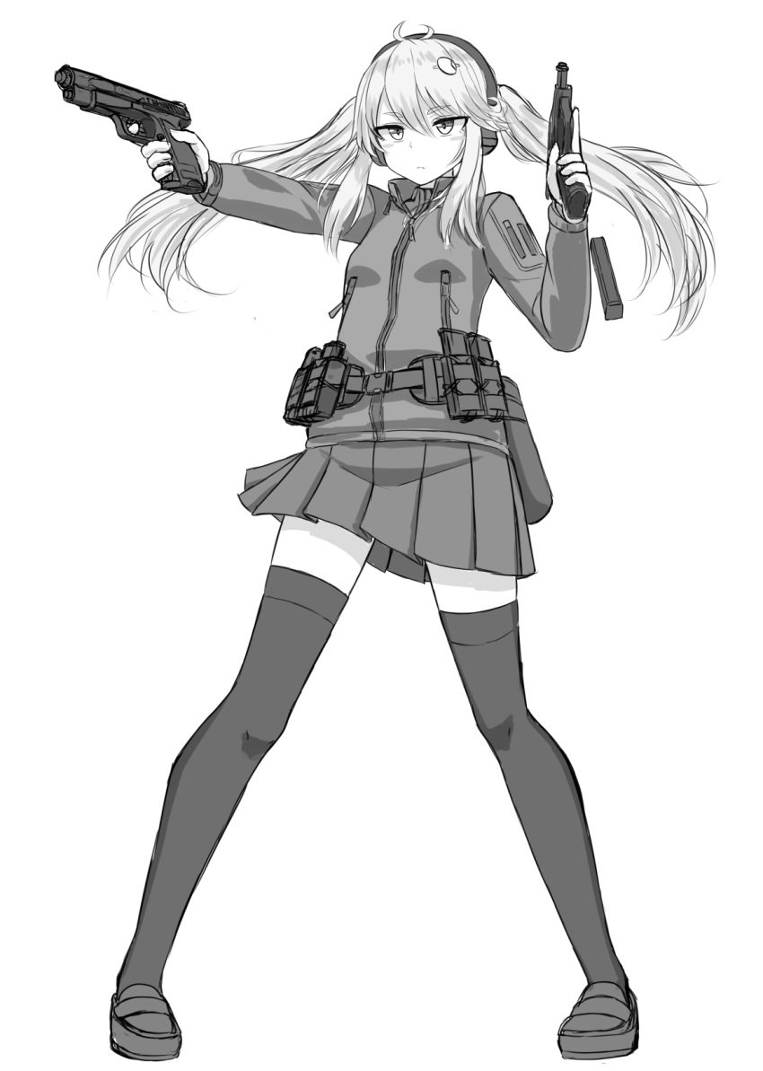 1girl bangs blush_stickers closed_mouth dual_wielding ear_protection eyebrows_visible_through_hair full_body greyscale gun hair_between_eyes hair_ornament hairclip highres holding holding_gun holding_weapon jacket loafers long_hair long_sleeves looking_away monochrome original outstretched_arm pleated_skirt rabochicken shoes sidelocks simple_background skirt solo standing thigh-highs twintails weapon weapon_request white_background