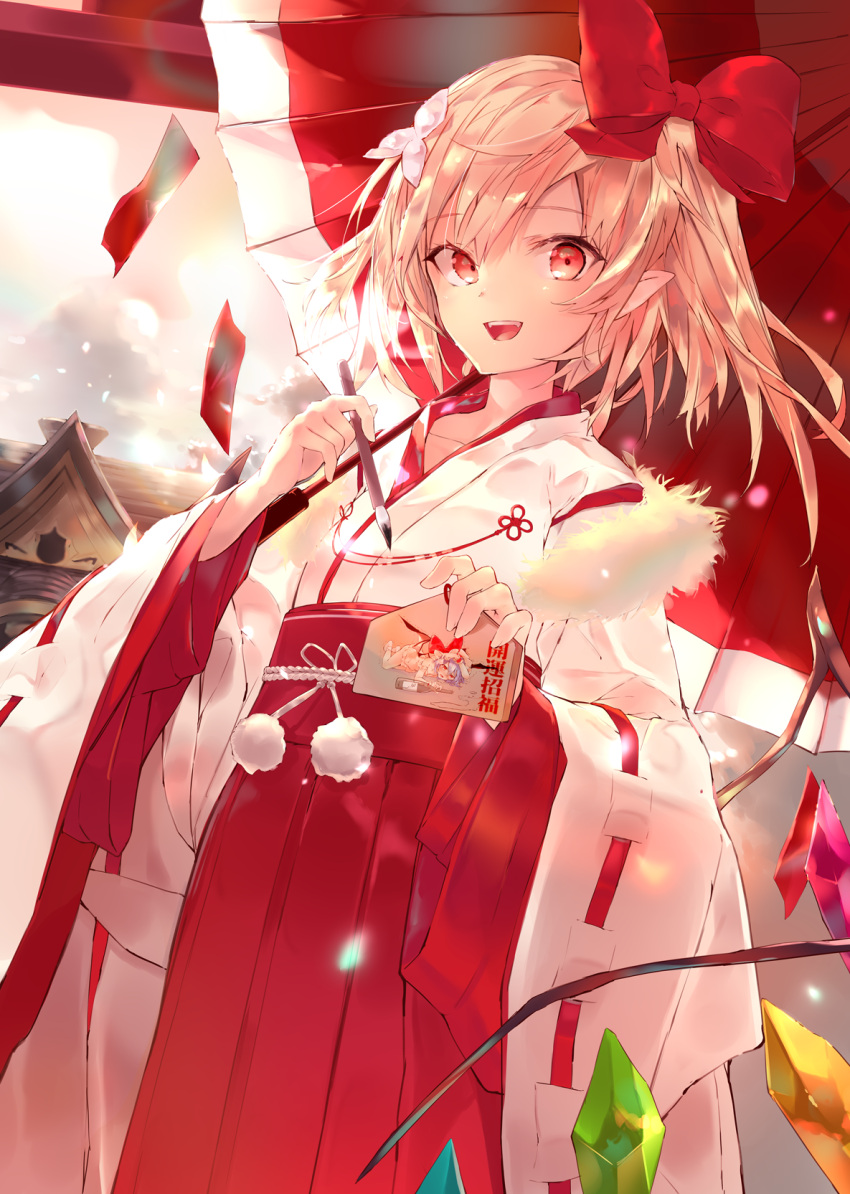 1girl :d alternate_costume bangs blonde_hair bow commentary_request cowboy_shot crystal eyebrows_visible_through_hair flandre_scarlet hair_between_eyes hair_bow hakama_skirt highres holding holding_brush holding_umbrella japanese_clothes kimono long_hair long_sleeves looking_at_viewer no_hat no_headwear one_side_up open_mouth outdoors pointy_ears pom_pom_(clothes) red_bow red_eyes red_skirt red_umbrella remilia_scarlet sakusyo skirt smile solo standing touhou umbrella white_kimono wide_sleeves wings