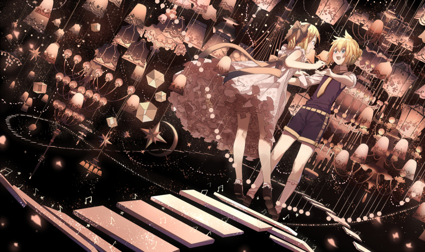 1boy 1girl :d aqua_eyes bare_arms bare_legs bare_shoulders black_legwear blonde_hair bow brother_and_sister chandelier dancing dress dutch_angle eighth_note eye_contact fantasy floating floating_stairs formal hair_bow half_note hanging_light highres imminent_hand_holding kagamine_len kagamine_rin looking_at_another mobile musical_note necktie open_mouth quarter_note ruffled_dress sepia_background short_hair short_ponytail short_sleeves shorts siblings sky sleeveless sleeveless_dress sleeveless_sweater smile socks star star_(sky) starry_sky twins vocaloid xiaonuo_(1906803064) yellow_neckwear