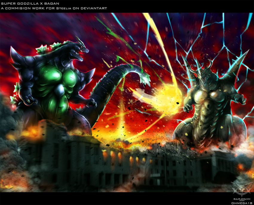 bagan battle blue_eyes character_request city claws clouds cloudy_sky copyright_request destruction electricity energy energy_ball fangs garayann godzilla godzilla_(series) highres horns kaijuu monster no_humans open_mouth red_eyes sharp_teeth sky super_godzilla super_godzilla_(character) tail teeth