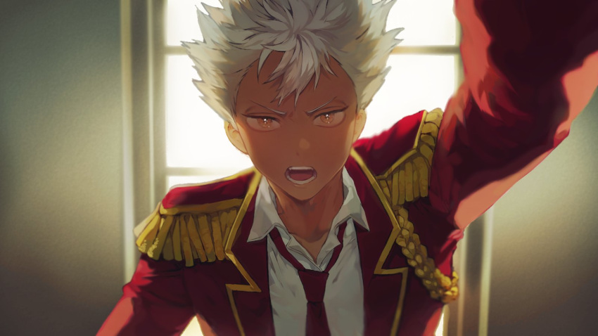 1boy arm_up bokuto_koutarou collar collarbone collared_jacket collared_shirt epaulettes grey_hair haikyuu!! highres indoors jacket long_sleeves looking_at_viewer male_focus mgmg_1012 necktie open_clothes open_jacket open_mouth red_jacket red_neckwear shirt short_hair solo spiky_hair teeth upper_body white_shirt window yellow_eyes